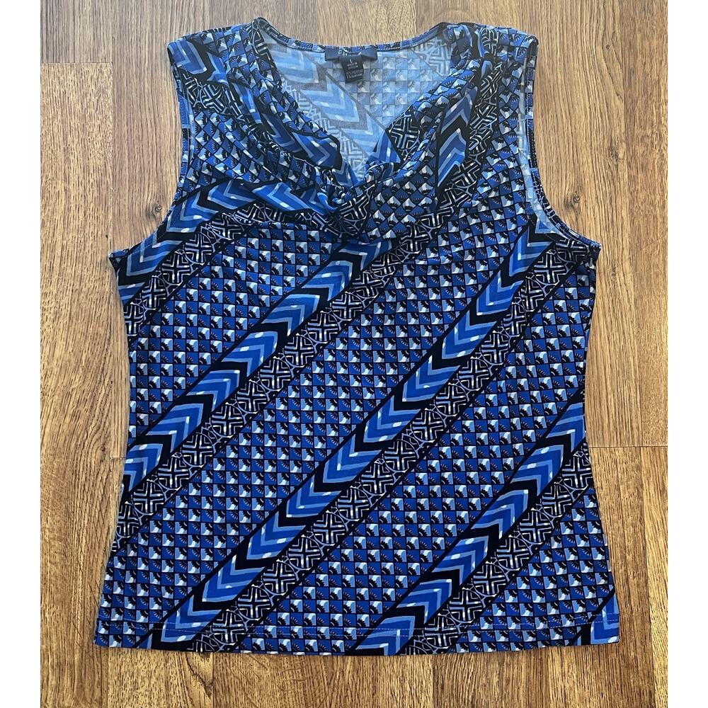 Chaps Black Blue Sleeveless Cowl Neck Tank Top Blouse Size L